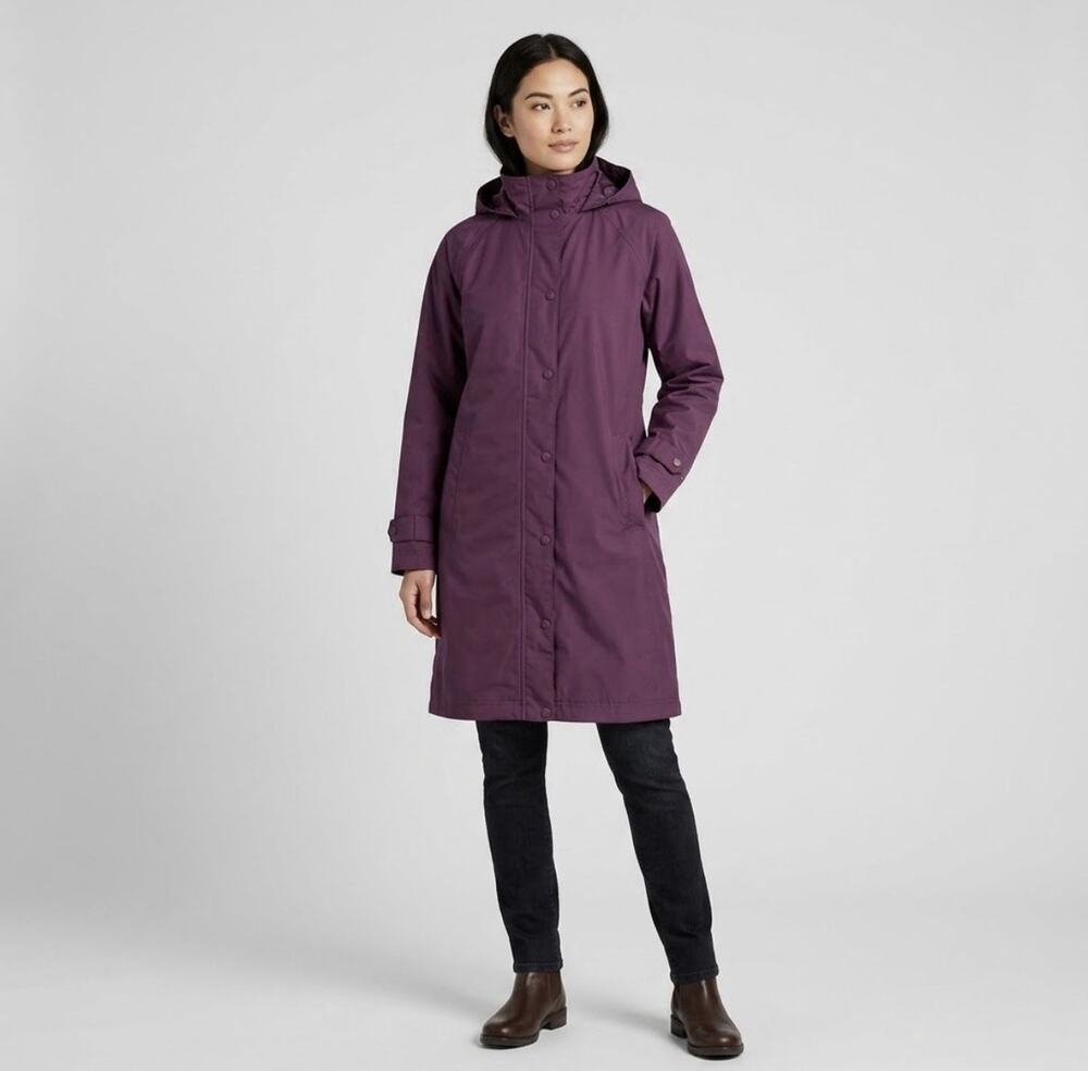 LL Bean Women’s Plum Purple Long Mid Length Hooded Rain Trench Coat Large Parka
